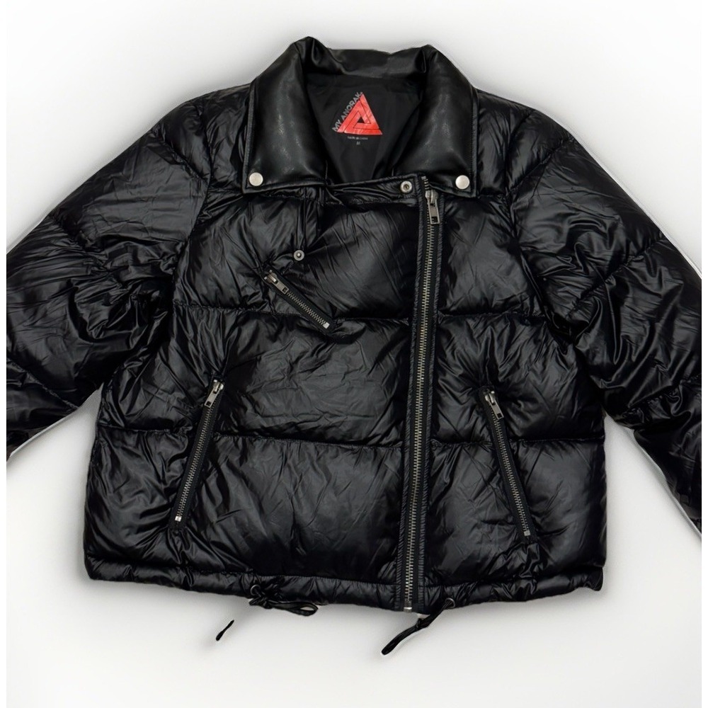 ANORAK Faux Leather Moto Puffer Cropped Jacket Zip City Chic Biker Boho Size M